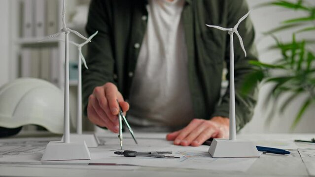Power, Business Owner Responsibly Measuring Distance on Project Plan Drawing Papers Workplace of Professional Engineer Builder Engineering Technology Worker Making Plans Office Room Renewable Resource