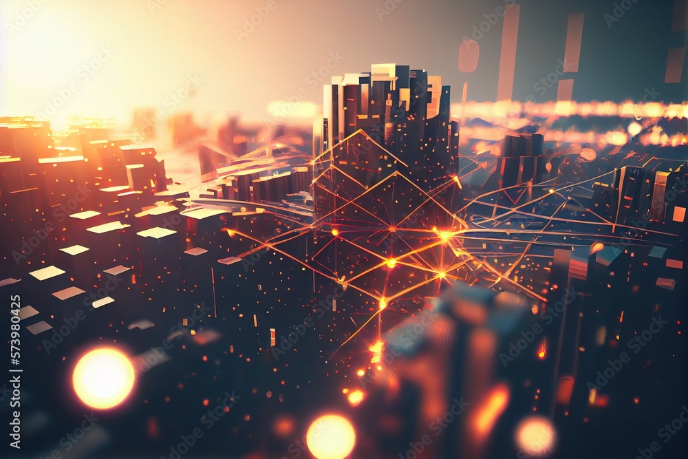 Aufkleber a city with a lot of lines and dots on it and a bright yellow sky redshift render a 3d render genera