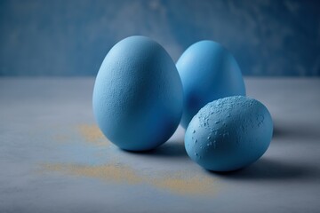  three blue eggs sitting next to each other on a table.  generative ai