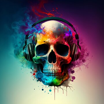 Creative music background. Colorful human skull wearing headphones on bright background. Created with Generative AI