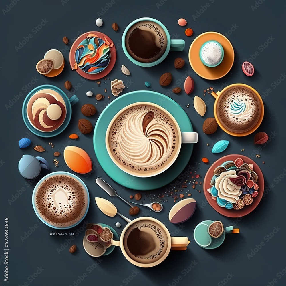 Poster a bunch of cups of coffee with different toppings on them and a spoon in the middle colorful flat su