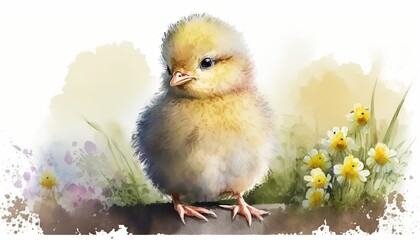  a small yellow chicken sitting on top of a rock next to a field of flowers.  generative ai