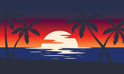 Fototapeta na wymiar Sunset tropical beach with palm trees and sea. Nature landscape and seascape. 