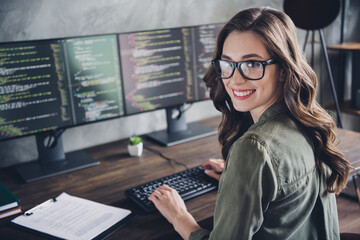 Profile photo of positive smart hardware expert girl sitting chair keyboard write open space...