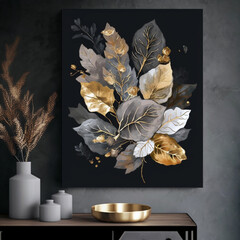 Golden and Gray Leaves in Black Backround Wall Art