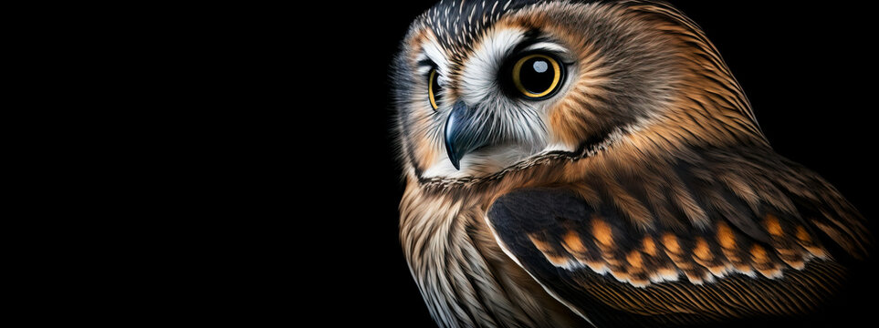 Northern saw-whet owl portrait of the head and close up of the  eyes on black background. Image created with generative ai