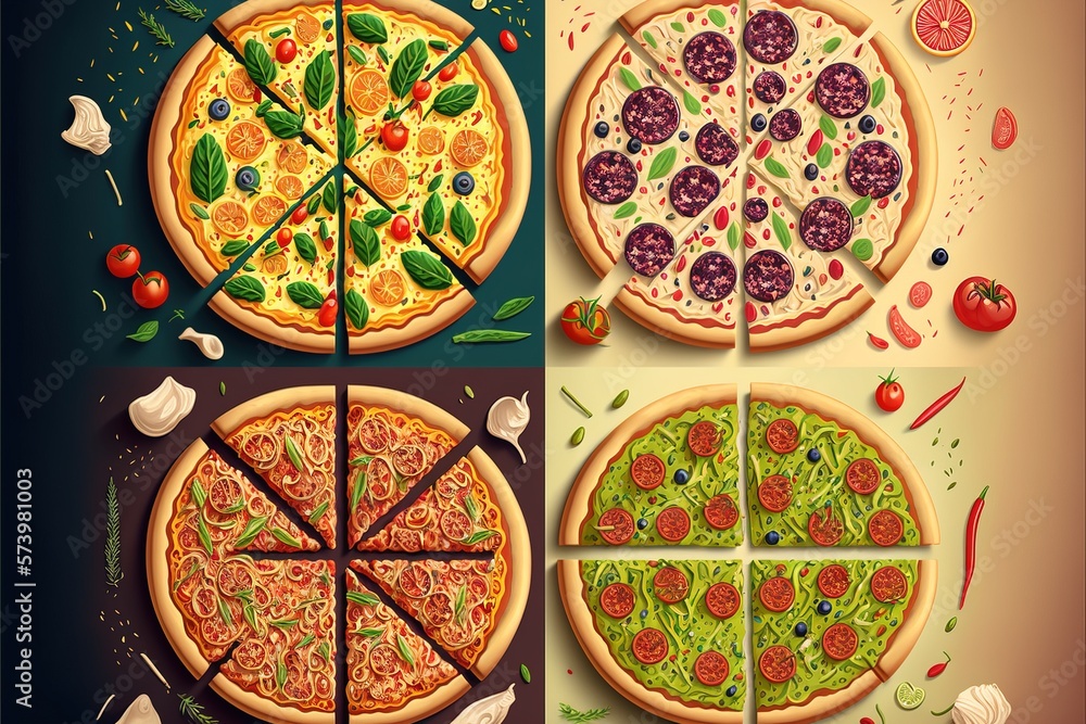 Poster a series of four different pizzas with different toppings on them including one with pepperoni one w