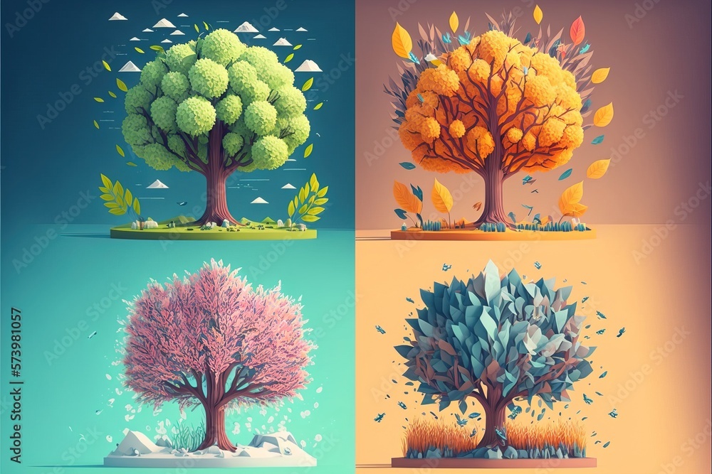 Poster four different trees with different colors and shapes in the same picture each with different leaves