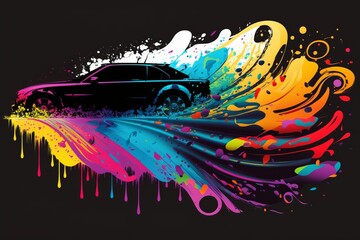 Drawing the movement of a car silhouette in spilled paint in bright colors Generative AI