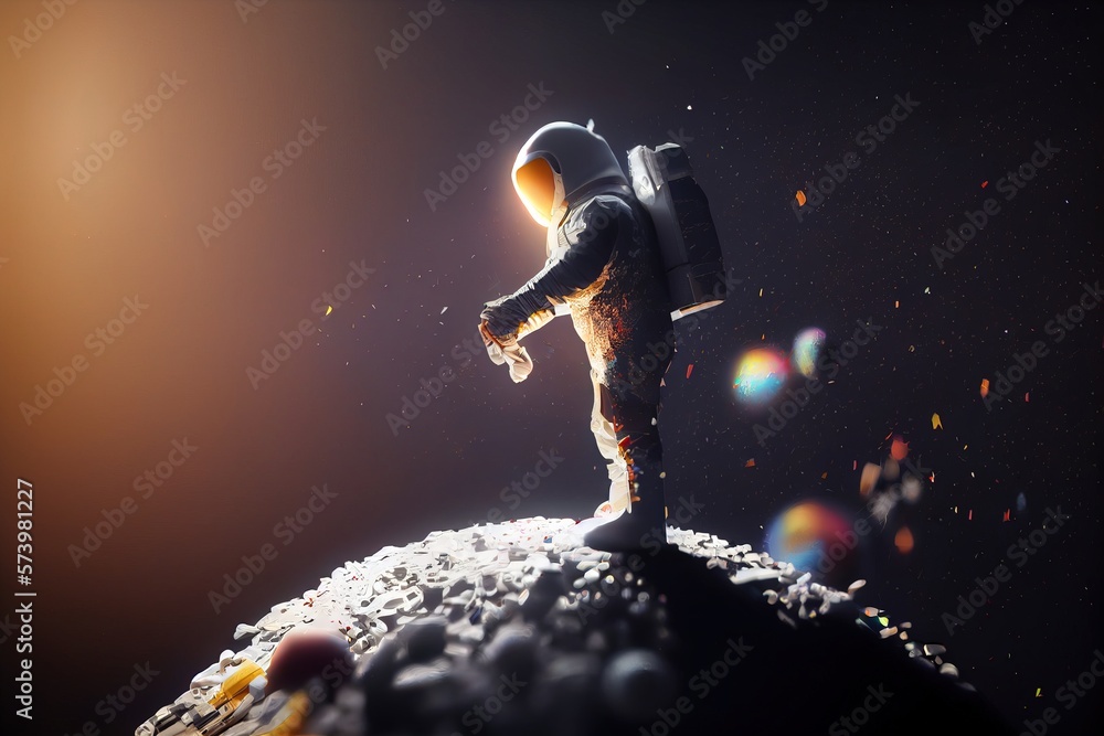 Poster a man in a space suit standing on the moon with a backpack on his back redshift render an ambient oc