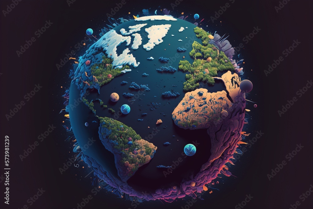 Poster a digital painting of the earth with a lot of different objects around it including trees and rocks 