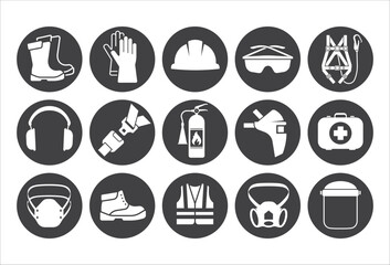 Safety Construction equipment icon set. Construction manufacturing and engineering health and safety icon set. Safety icon pack. Vector illustration - obrazy, fototapety, plakaty
