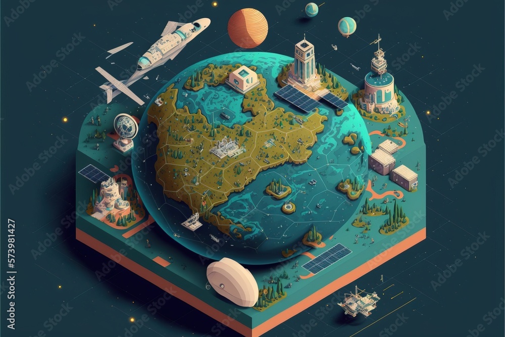 Poster a flat earth with a space shuttle and other objects around it including a rocket a isometric view a 
