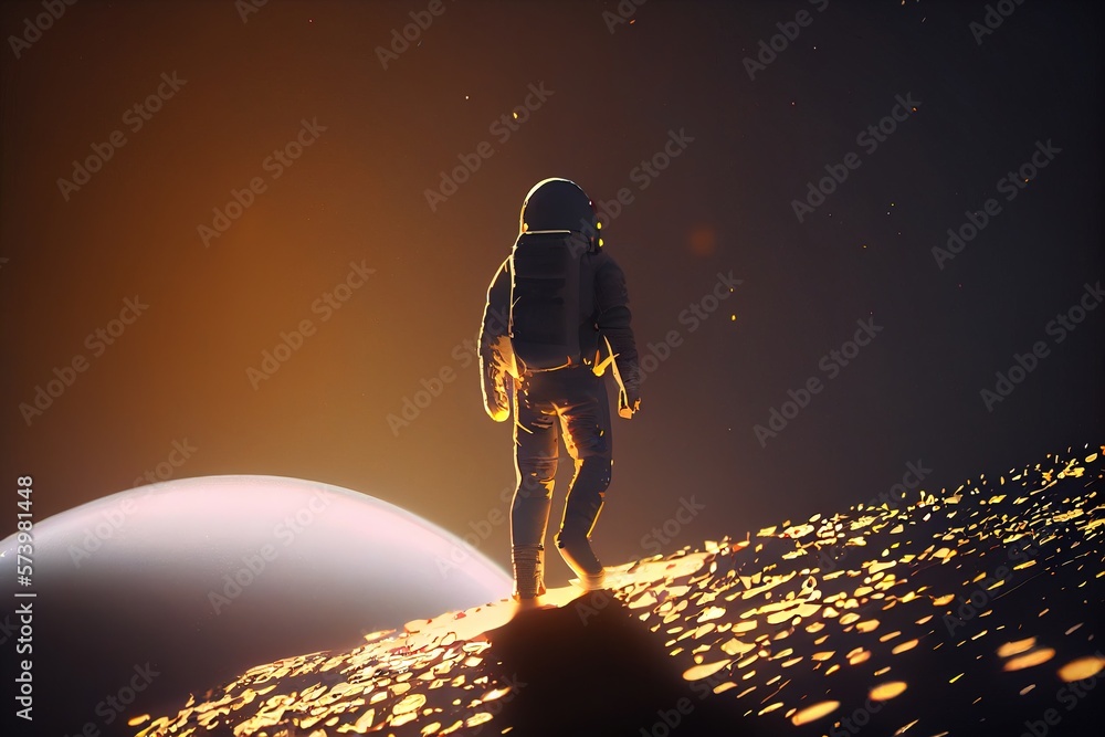 Poster a man in a space suit walking on a surface with a planet in the background redshift render a low pol