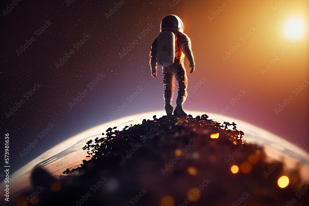 Poster a man standing on top of a pile of rocks in the sun with a space suit on redshift render an ambient 