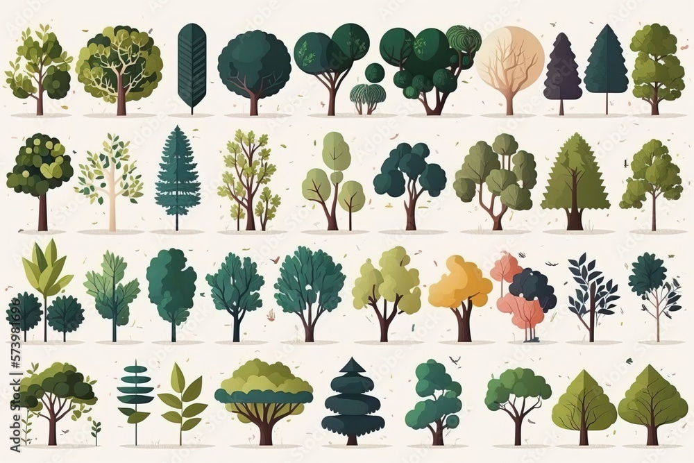 Poster a collection of trees and shrubs in various stages of growth and stages of growth with different tre