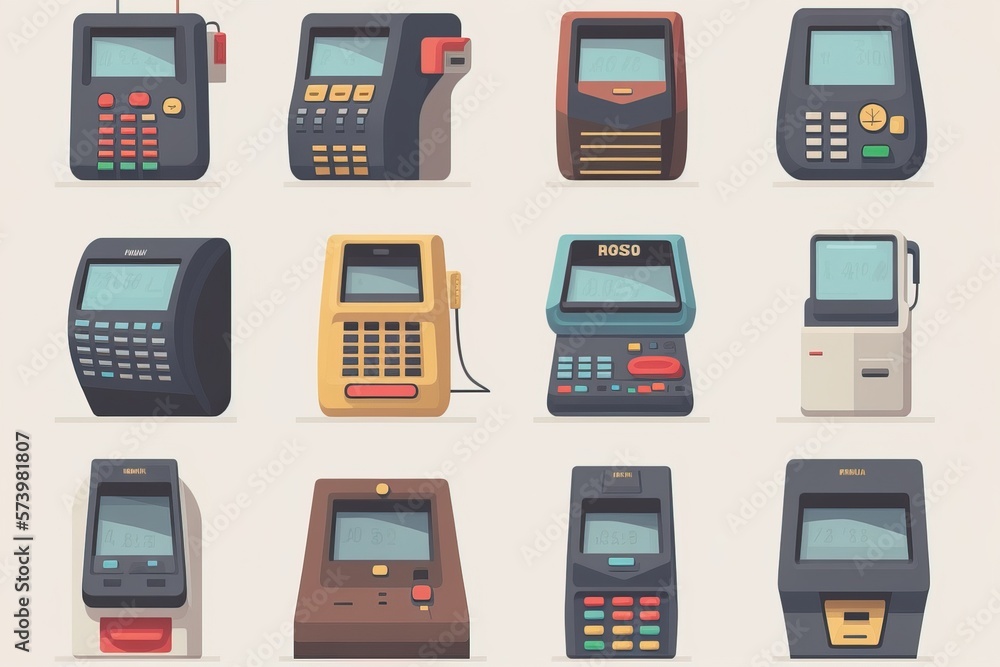 Poster A bunch of different types of atm machines on a white background with a red button smooth and clean curves computer graphics les automatistes