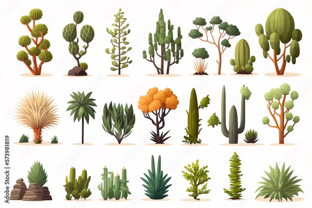 Poster a variety of different types of trees and shrubs in a flat style with a white background plants comp