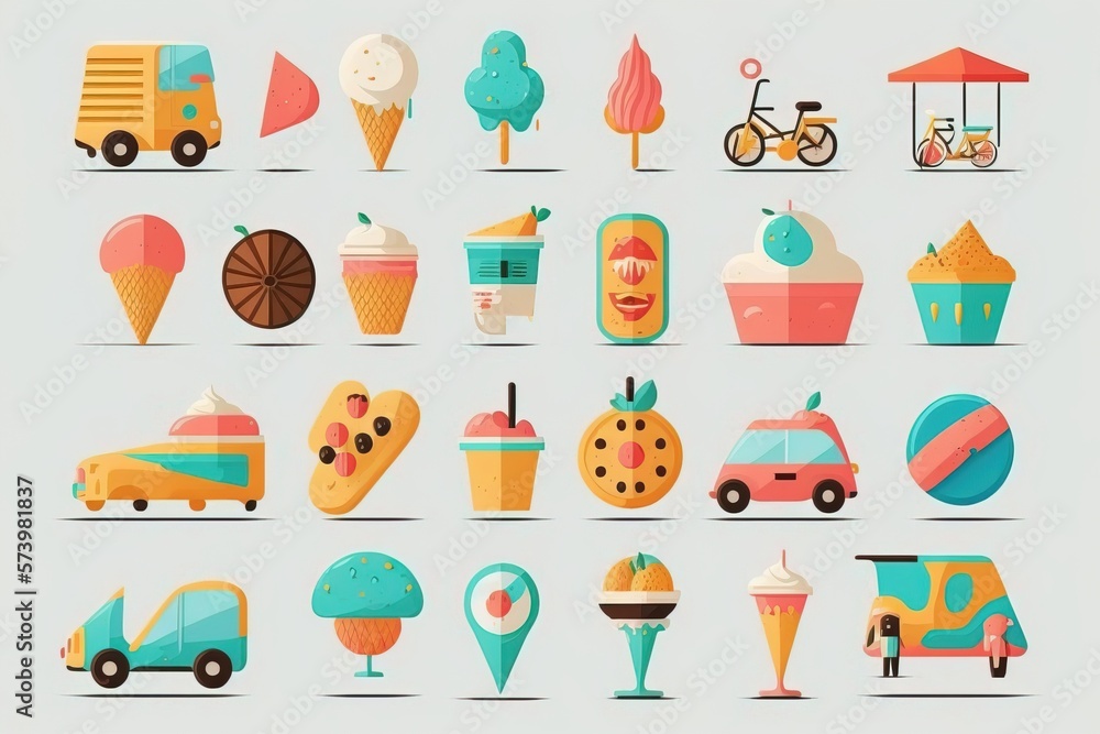 Poster a bunch of different types of food and drinks on a blue background with a white background colorful 