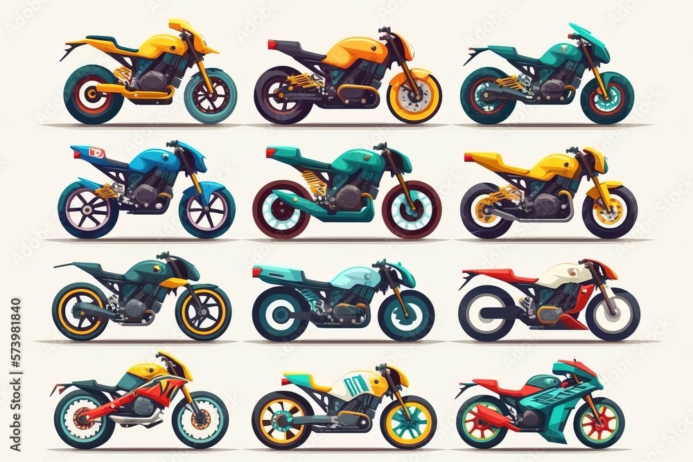 Poster a set of nine different motorcycles with different colors and shapes on them all of which are differ