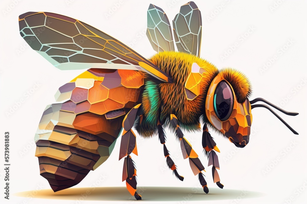 Poster a bee with a geometric pattern on its body and wings with a white background highly detailed digital