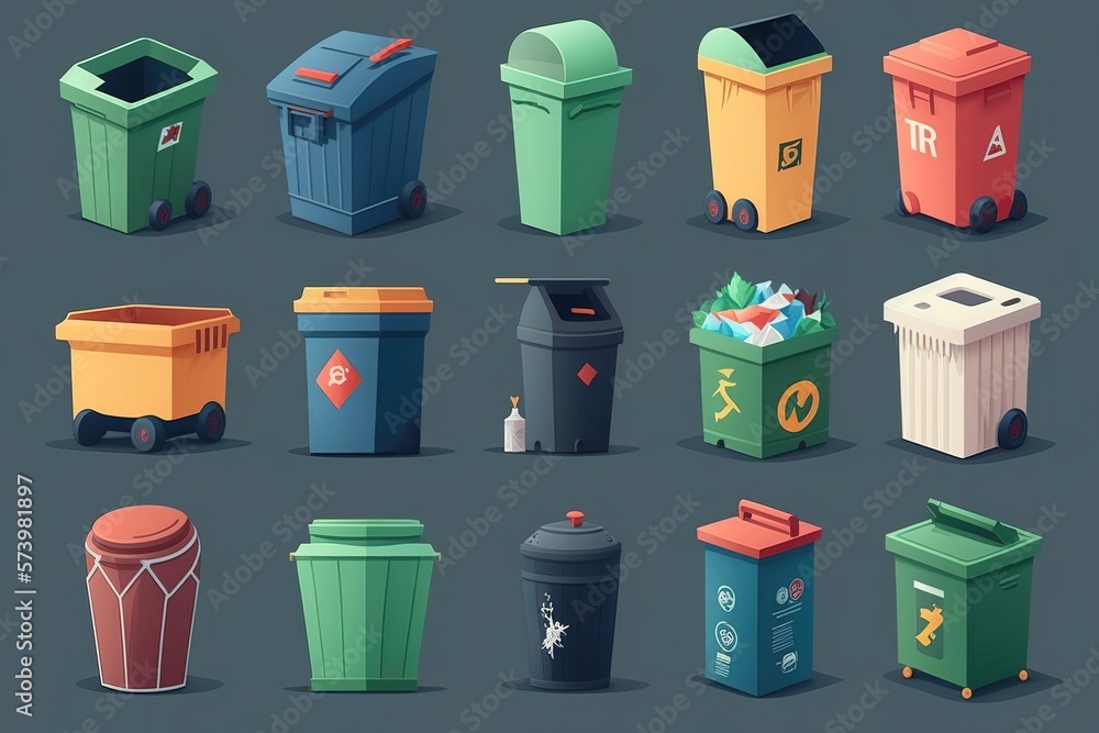 Poster A bunch of trash cans and trash cans on a gray background with a shadow over them smooth and clean curves art postminimalism