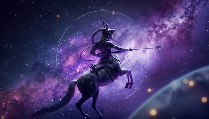 Astrology in Space, Sagittarius Zodiac Sign in space with nebulas and stars, Generative AI