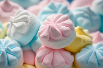 Smooth and playful candy background, closeup texture of colorful marshmallows, pink, blue, yellow. Good for poster, wallpaper, promotion. Generative AI.