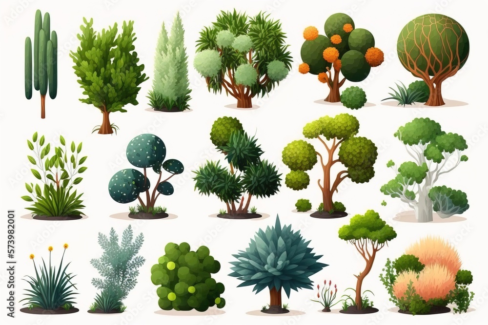Poster a variety of trees and bushes in different shapes and sizes all with different foliages plants compu