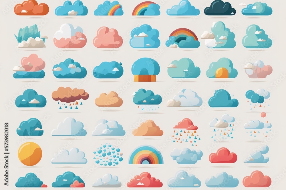 Poster A large collection of clouds and rainbows in different colors and sizes all with different shapes colorful clouds a storybook illustration naive art