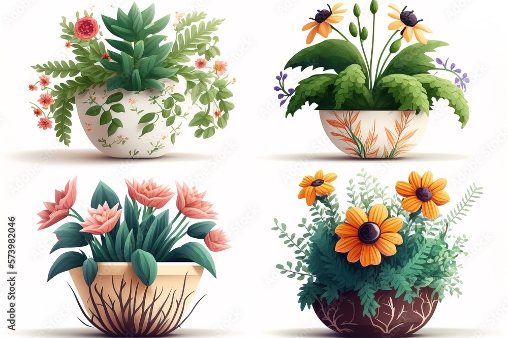 Aufkleber four flower pots with different types of flowers in them and one with a flower in it plants computer