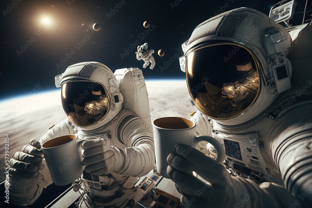 Poster two astronauts are drinking coffee in the outer space while the earth is in the background space a s