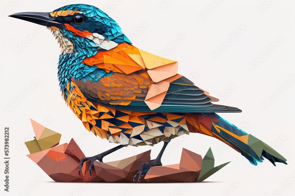 Aufkleber a colorful bird sitting on top of a piece of paper with geometric shapes around it low poly a low po