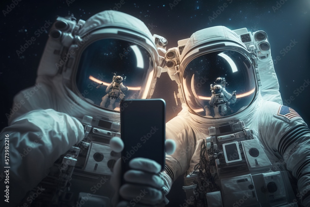Poster two astronauts in space suits holding a cell phone and taking a selfie with a camera space a microsc