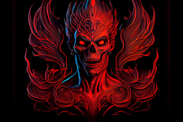 Track cover design in the style of tormented demons from hell on a red-dark background. Head of a bloody skull with bloody flames. Scary and bloodthirsty monster with a wide smile. 3d rendering