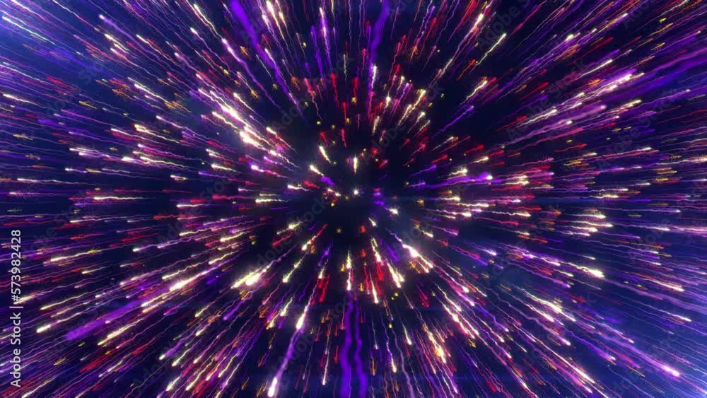 Poster Abstract creative cosmic background. Speed. olored glowing rays in motion. Beautiful fireworks, colorful explosion, big bang. Moving through stars. Data flow information. Seamless loop. 3D rendering. 