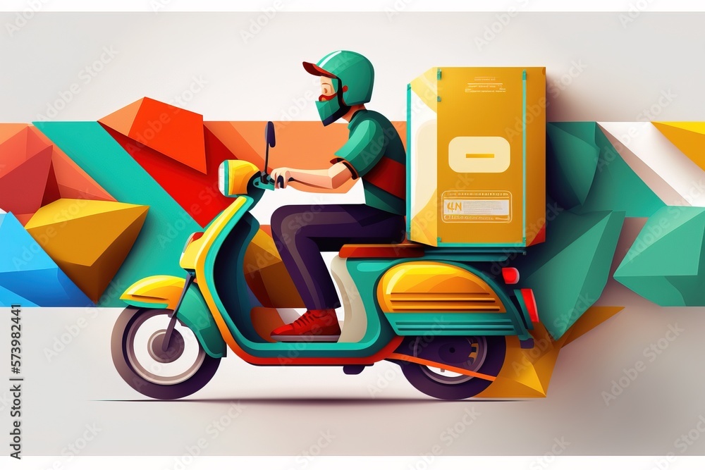 Poster a man riding a moped with a box on the back of it and a box on the back of it colorful flat surreal 