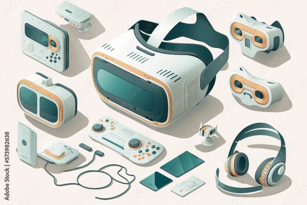 Poster a bunch of electronic gadgets are arranged in a circle on a white background including a video game 