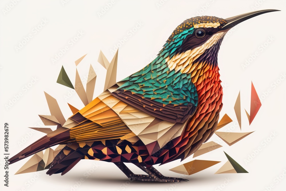 Poster a colorful bird with a long beak sitting on a white surface with geometric shapes around it elaborat