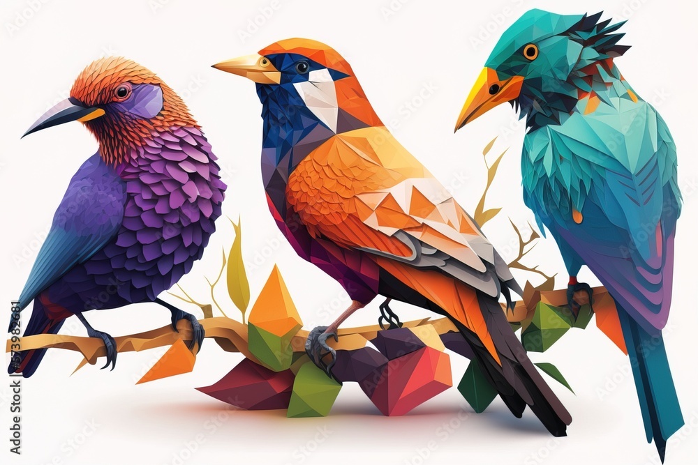 Poster three colorful birds sitting on a branch of a tree with leaves and branches around them colorful fla