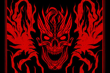 Track cover design in the style of tormented demons from hell on a red-dark background. Head of a bloody skull with bloody flames. Scary and bloodthirsty monster with a wide smile. 3d rendering