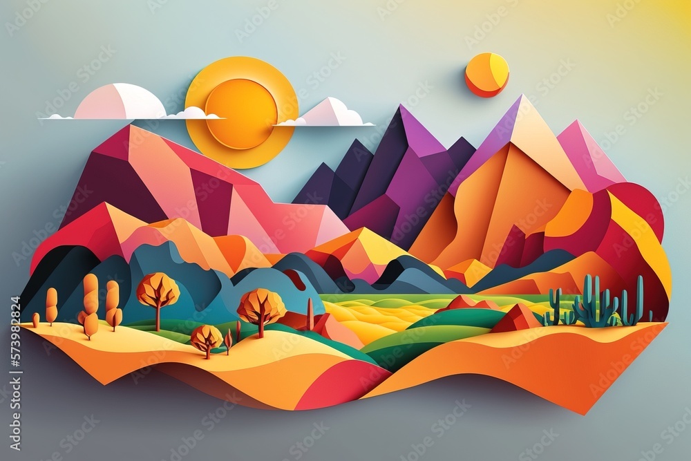 Aufkleber a colorful landscape with mountains and cactus trees in the foreground and a sun in the background c