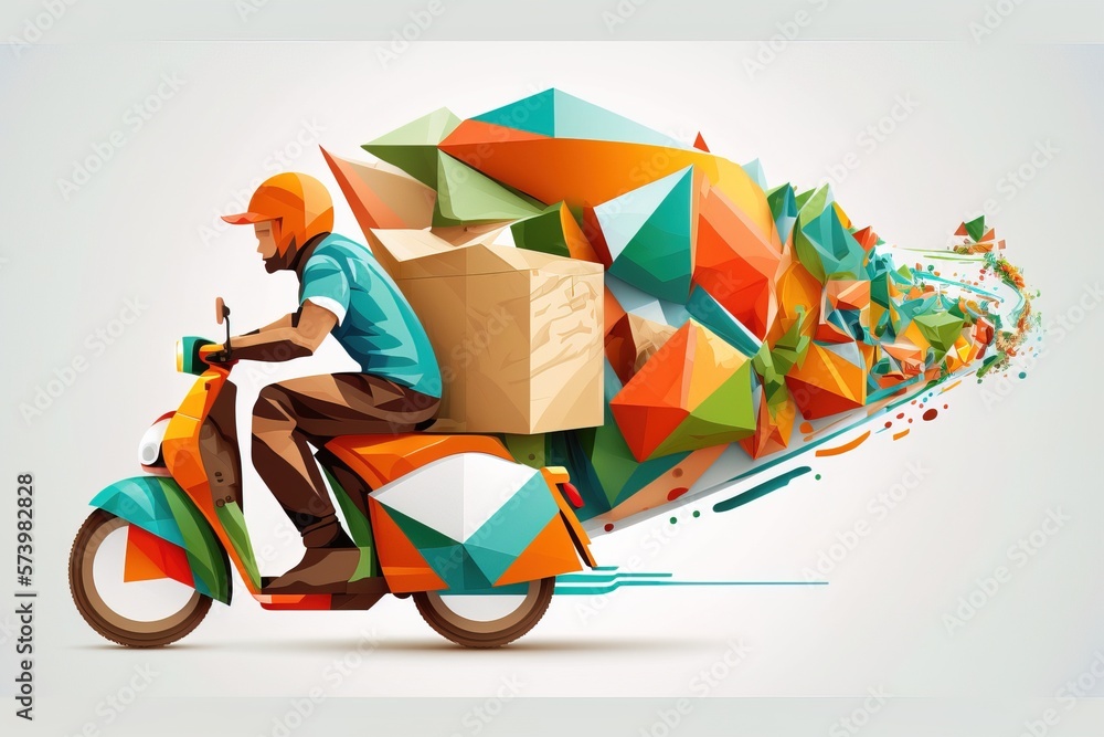 Poster a man riding a motorcycle with a large load of boxes on the back of it colorful flat surreal design 