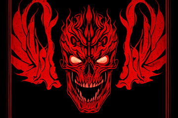 Track cover design in the style of tormented demons from hell on a red-dark background. Head of a bloody skull with bloody flames. Scary and bloodthirsty monster with a wide smile. 3d rendering