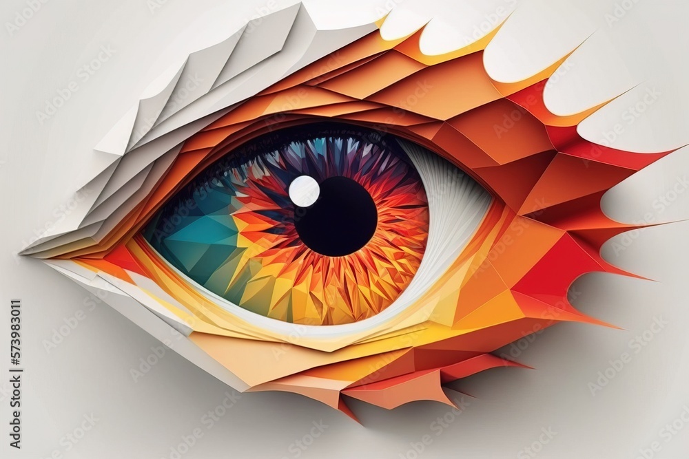 Poster a colorful eye with a long shadow on it's side with a white background colorful flat surreal design 