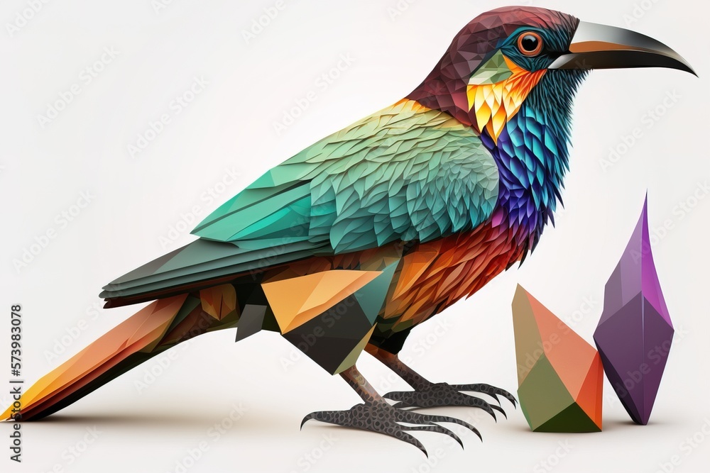 Poster a colorful bird sitting on top of a pile of paper next to a diamond shaped object low poly a 3d rend