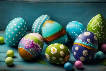 Beautiful colorful easter eggs on blue wooden, background