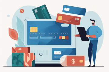 Man with smartphone using mobile app, checks the spending limit on a bank card for shopping in online store, flat cartoon illustration generative AI