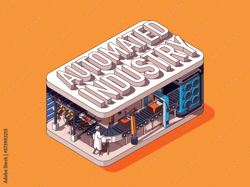 Poster automated industry concept in 3d isometric graphic design. smart manufacturing process with robotic 