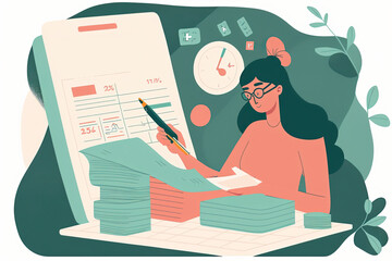 Woman submits a tax return to the state department, checking documents in office, flat cartoon illustration generative AI